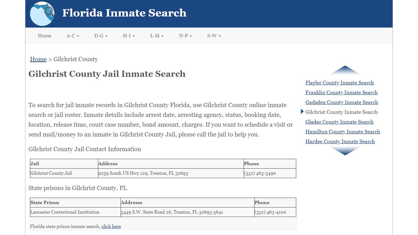 Gilchrist County FL Jail Inmate Search